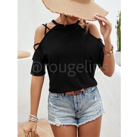 Black Strappy Short Sleeve Tee Shirt Top Cold Shoulder - Picture 4 of 7